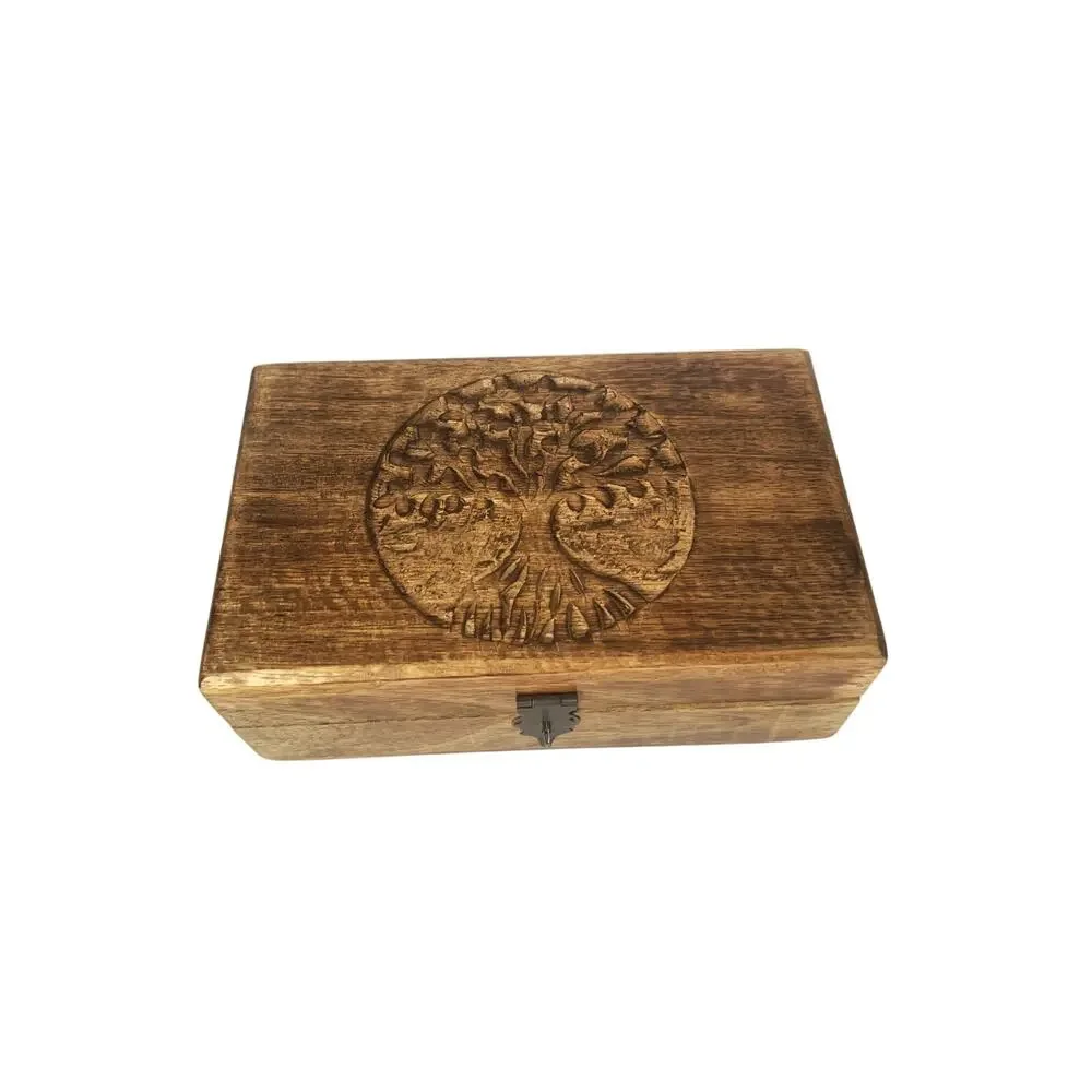 Rustic Tree of Life Carved Wooden Box with Clasp and Hinges